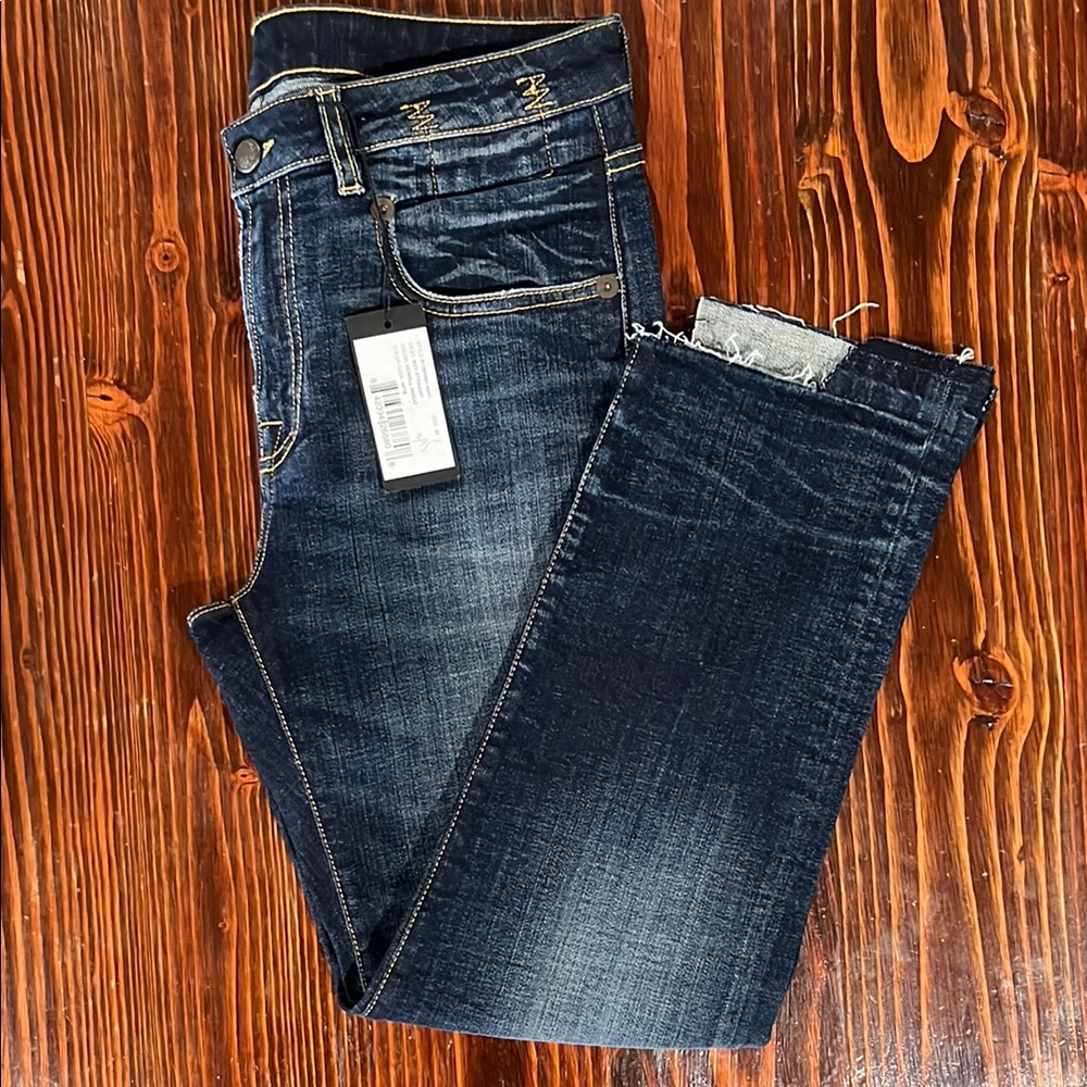 R13 Blue Ankle Cropped Jeans with Vintage Distressing